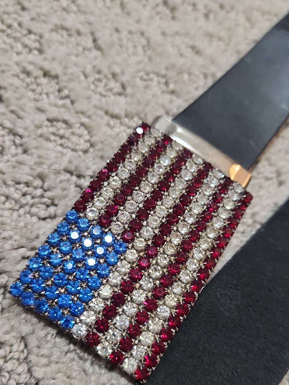 Vintage Crystal Rhinestone American Flag Belt Buckle Red, White & Blue
